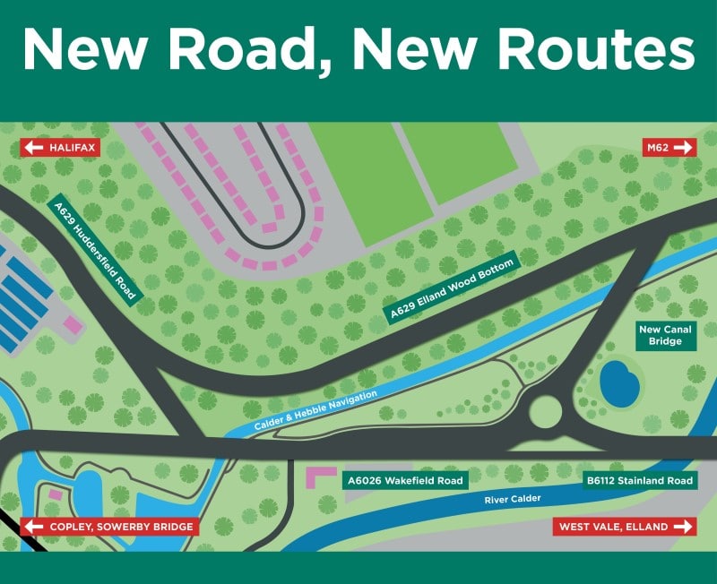 New canal bridge now open. New road, new routes. Map shows the new road from the A629 crossing the canal and connecting to the new roundabout.